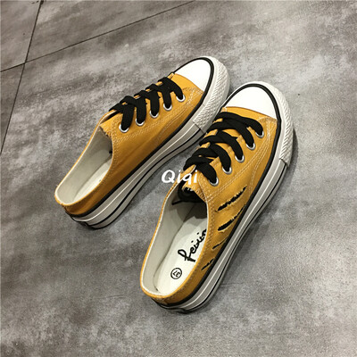 

Summer 2019 Port Wind ins Korean version of no heel half support breathable Joker scratch canvas shoes for women