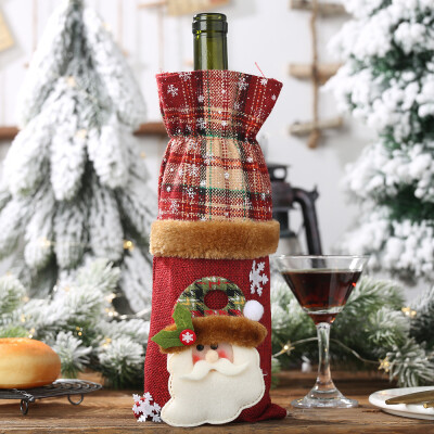 

Gobestart Christmas Ornaments Wine Bottle Set Plaid Linen Bottle Decorated Champagne Bag