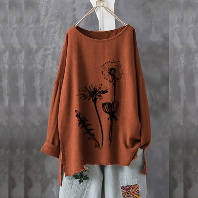 

Roseonmyhand Plus Size Women Long Sleeve Cotton Linen O-Neck Print Blouse Top T-Shirt