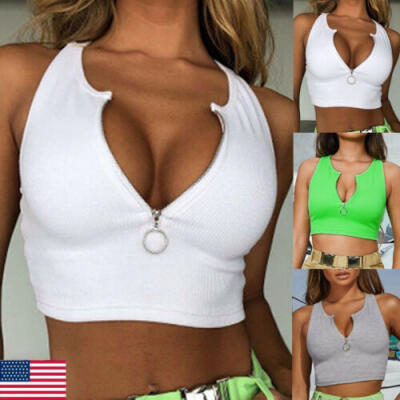 

Womens Crop Top Summer Casual Zipper Tank Tops Vest Sleevelees T-Shirts Bra