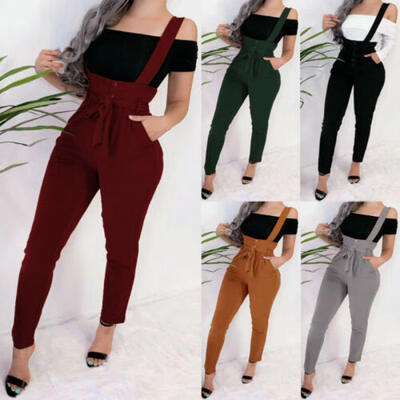 

Womens High Waist Jumpsuit Dungarees Straps Suspender Slim Pencil Pants Trousers