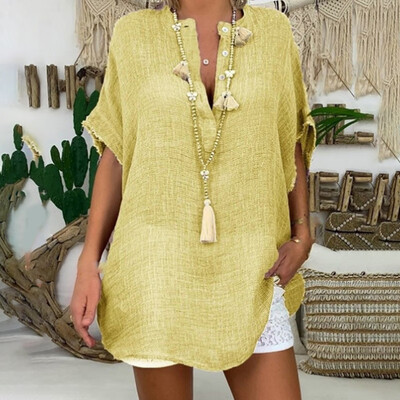 

Womens Long Tops Solid Summer Half Sleeve Blouse Tunic Loose V-neck Plus Size