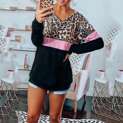 

Tailored Womens Fashion Coloured Leopard-print Round-necked Long-sleeved Top Blouses