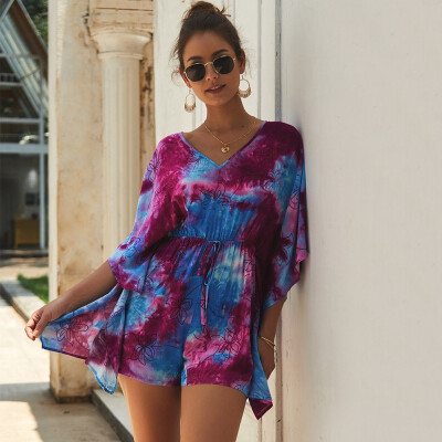 

Women Summer Sweet Printed Romper Lace Loose V-neck Short Sleeves Slim High Waist Jumpsuit