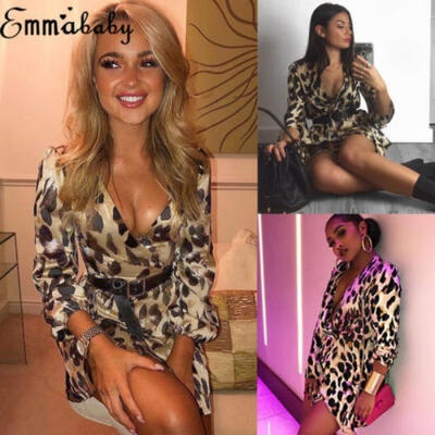 

Women Long Sleeve Leopard Print Mini Dress V Neck Party Club Wear Wrap Dress