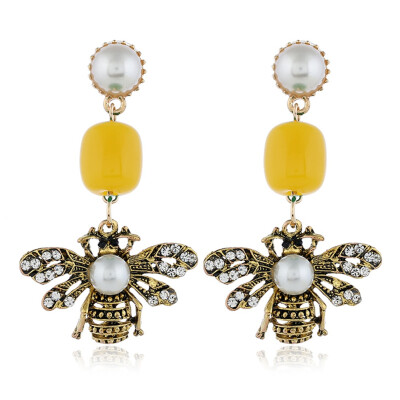 

Vintage Colorful Rhinestone Bee Women Long Dangle Faux Pearl Stud Earrings Gift