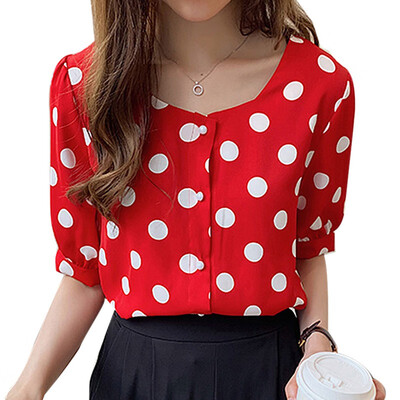 

Women Button Up Chiffon Basic Blouse Simple Loose Dot Print Shirt Square Collar Short Sleeve Blouse