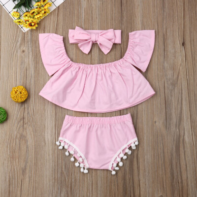 

New Toddler Baby Girl Summer Pink Ruffle Sleeve TopsShort PantsHeadband Outfit