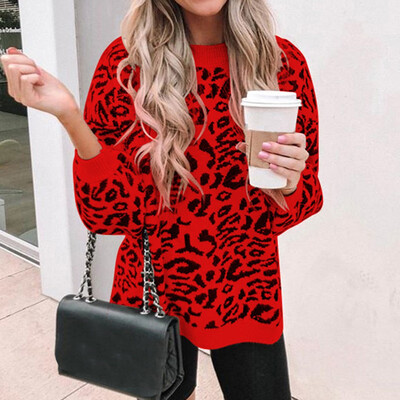 

Tailored Women O-Neck Leopard Print Pullover long Sleeve Loose Knitted Sweater Tops
