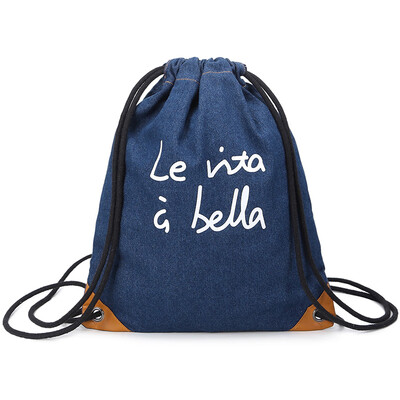 

Denim backpack canvas draw rope pocket student shoulder bag ladies outdoor sports fitness training bag climbing bag
