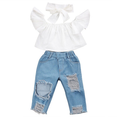 

Kids Baby Girls Off Shoulder Tops Holes Denim Pants Jeans Outfits Set Clothes