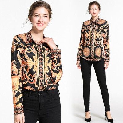 

L XL XXL vintage new spring 2019 women blouse shirt long sleeve black gold digital print office top lady