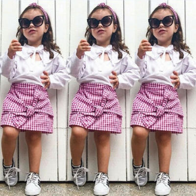 

US Toddler Kids Baby Girl Clothes T-Shirt TopsPlaid Skirt Dress Outfit 2pcs Set