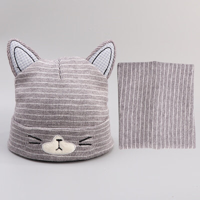 

Childrens knitted cotton scarf head cap for autumn&winter new cartoon two-piece hats for boys&girls kittens
