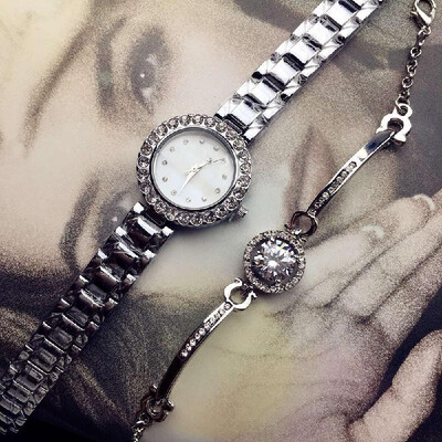 

Guangzhou watch micro-business explosion fashion steel belt elegant simple&elegant ladies quartz with bracelet two-piece white