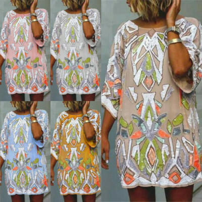 

UK Womens Floral Long Tops Blouse Ladies Summer Beach Shirt Dress Plus Size 6-24