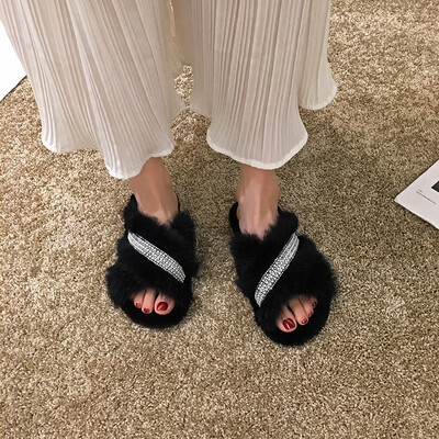 

Fairy wind slippers wear autumn Joker Pearl rhinestone Mao Mao drag flat bottom drag tide