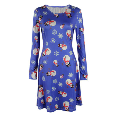 

High Quality Models Christmas Snowman Snowflake Printed Long Sleeve Dress