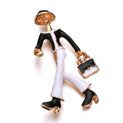 

New Mode Style Enamel Red Black Clothes Women Brooch Pins Elegant Figure Lady Bag Walk Brooches Hats Jewelry Fashion Gifts