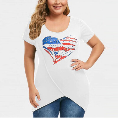 

Roseonmyhand Womens Fashion Plus Size America Flag Print Asymmetrical Short Sleeve Top Shirt