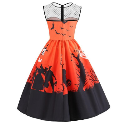 

C063 Cross-border Halloween womens gauze round neck sleeveless night bat elastic band elastic waist large dress Orange