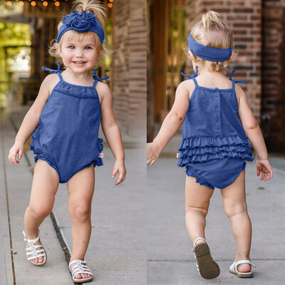 

Summer Clothes Kids Baby Girls Strap Ruffled Hair Band Romper Bodysuit Playsuit