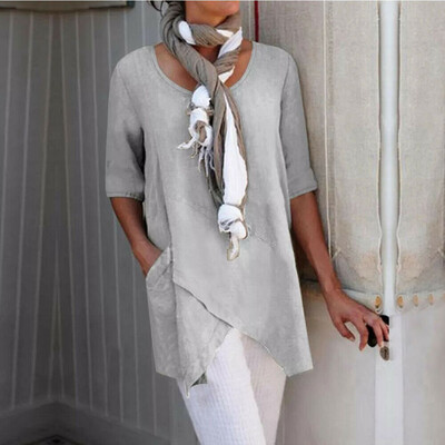

Women Linen Long Sleeve Crossed Hem Shirt Blouse Ladies Summer Tee Tops