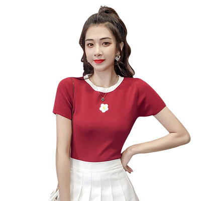 

Womens Round Neck Floral Embroidery Short Sleeve Knitted Pullover T-Shirt