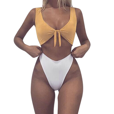 

Saidsome Women Knotted Padded Thong Bikini Mid Waisted Scoop Swimsuit Beach Swimwear