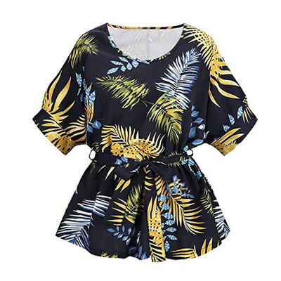 

Nomeni Womens Casual linen Self Tie Short Sleeve Lady Floral Print Blouse Tops T-Shirt