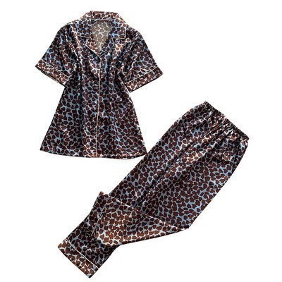 

Toponeto Women Simulation Silk Leopard Print Sleepwear Long Trousers Nightwear Set