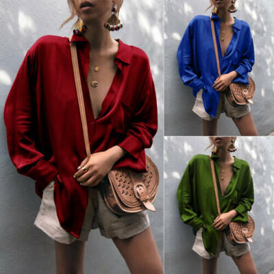 

Korean Fashion Womens Satin Long Sleeved Casual T-shirt Solid Loose Blouse Tops