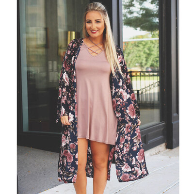 

New Women Chiffon Loose Cardigan Open Front Floral Print Long Sleeves Thin Vintage Casual Outerwear Black