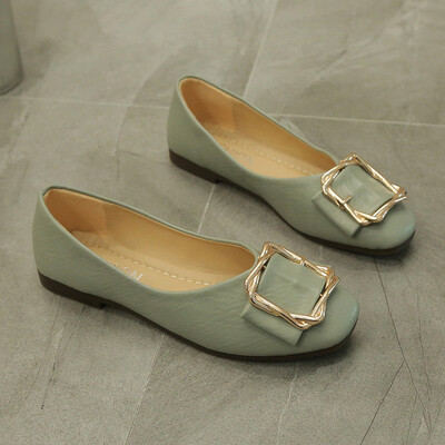 

2019 summer new Korean version of net red metal buckle square head shallow mouth shoes womens soft bottom flat fashion Joker wome