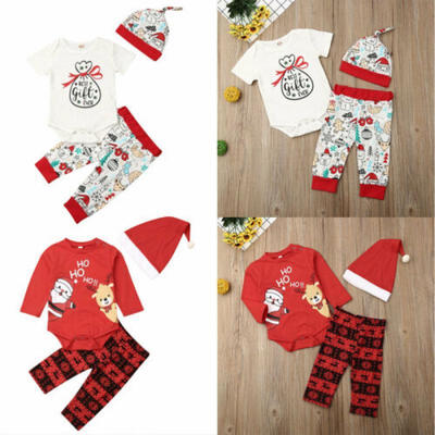 

UK Christmas Infant Baby Kid Unisex Girl Xmas Santa Claus Tops Pants Hat Clothes