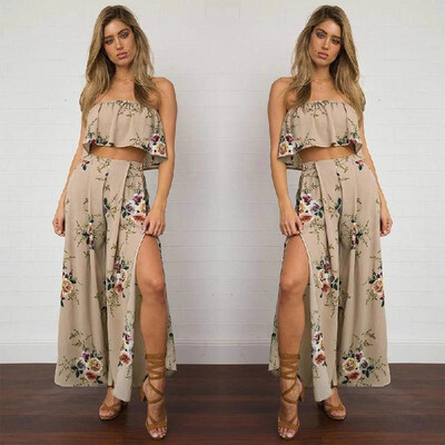 

Women Chiffon Two Piece Sets Strapless Crop Tops Wide Leg Pants Floral Print High Waist Spilit Beach Boho Suits