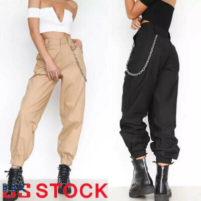 

Women High Waist Chain Hip-Pop Combat Cargo Harem Pants Leggings Trousers -3XL