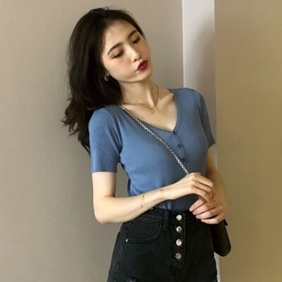 

Women V Neck Solid Slim Knitted T-Shirt Pullover Buttons Shirt Casual Short Sleeve T Shirt