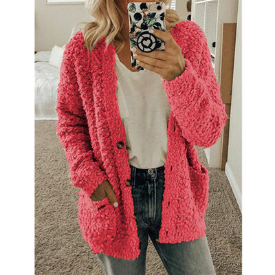 

Long Sleeve Solid Color Plush Cardigan Sweater Tops Button Up Outwear Coat
