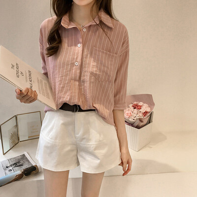 

Womens Tops Spring Striped Shirt Turn-down Collar Three Quarter Sleeve Blouse Woman Korean Clothes blusas mujer de moda 2019