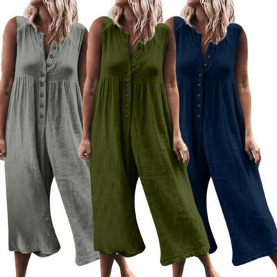 

Womens Cotton Linen Jumpsuit Romper Playsuit Wide Leg Baggy Loose Pants Overalls