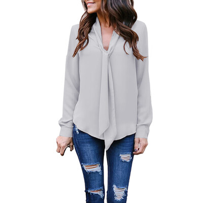 

2019 Fashion Womens V-Neck Tops Shirt Chiffon Long Sleeve Casual Loose Blouse