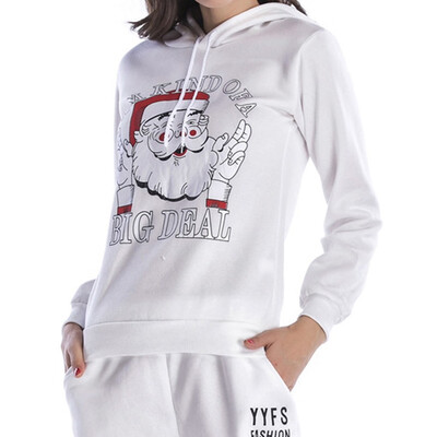 

2019 Autumn Women Fashion Santa Claus Printing Hooded Drawstring Long sleeve Loose Plus velvet Casual Sweatshirt