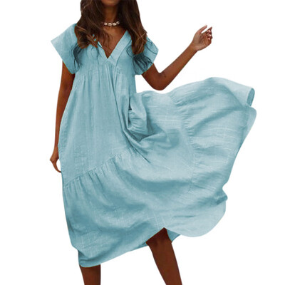

Women Cotton Linen V-Neck Irregular Loose Waist Long-Sleeved Casual Solid Color Dress