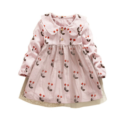 

Spring Autumn New Pattern Baby Kids Girls Cherry Print Long Sleeve Dress Sweet Cotton Comfortable Korean Style Mesh Design Dress