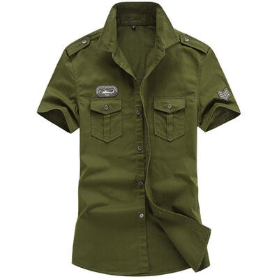 

Slim Fit Cotton Shirts Casual Short Sleeve Shirt Summer Military Style Tops For Youth Men
