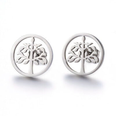 

304 Stainless Steel Stud Earrings Flat Round with Tree of Life Stainless Steel Color 15x12mm Pin 08mm