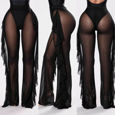 

Plus Size Women Mesh Sheer Bikini Cover Up Long Pant Trousers Beach Swimwear