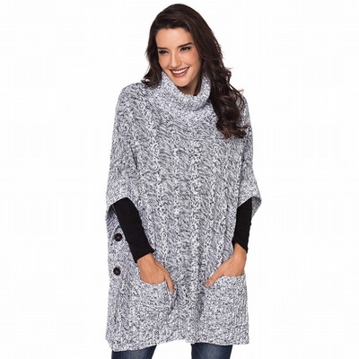 

High collar long sleeve pocket button cloak sweater loose knit sweater