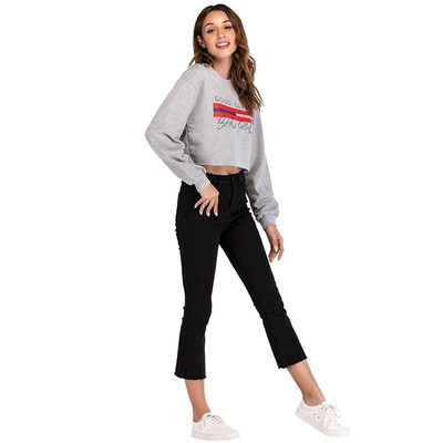 

Chic Women Cropped Hoodies Geometric Letter Print O-Neck Long Sleeve Autumn Sweatshirt Pullover Top